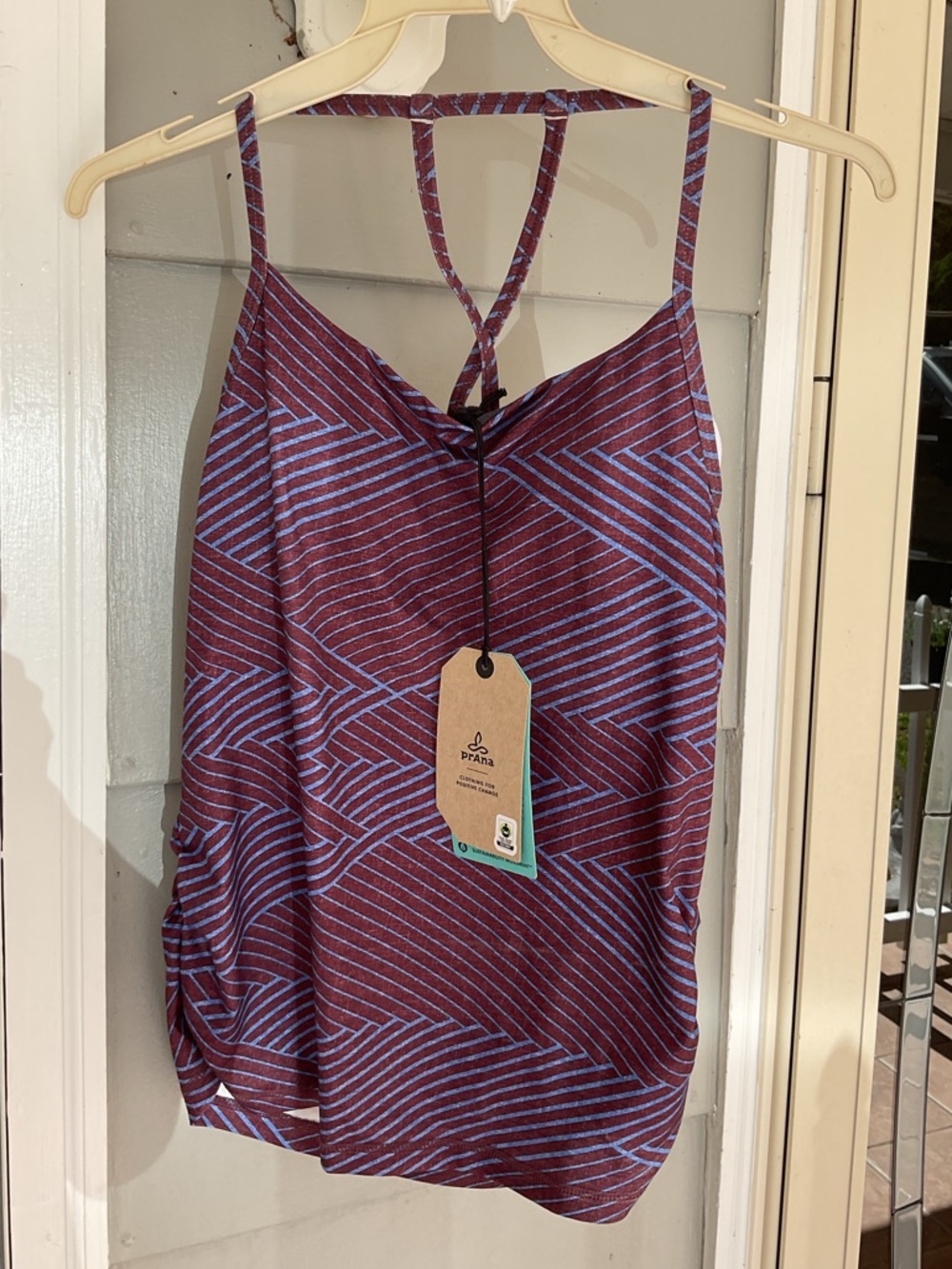 NWT Prana Womens Wander Often Top in Raisin Weaver Purple Geometric Size Small